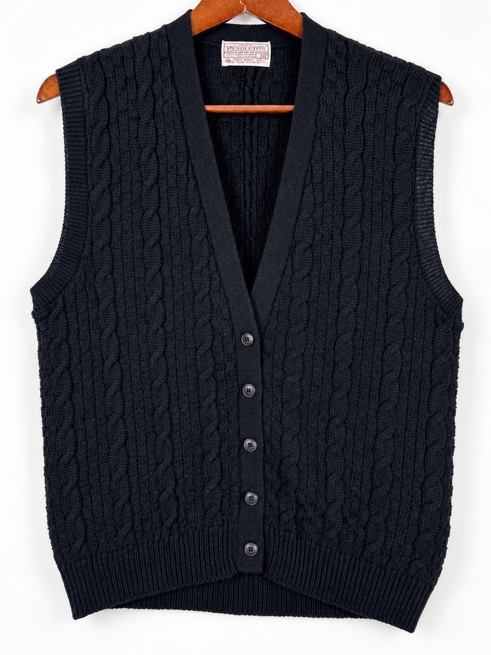 Vintage 70s Pendleton Black Wool Cable Knit Sweater Vest L Made USA